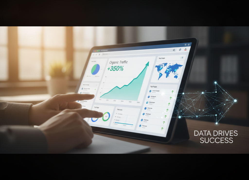 Google Analytics dashboard shows — seo