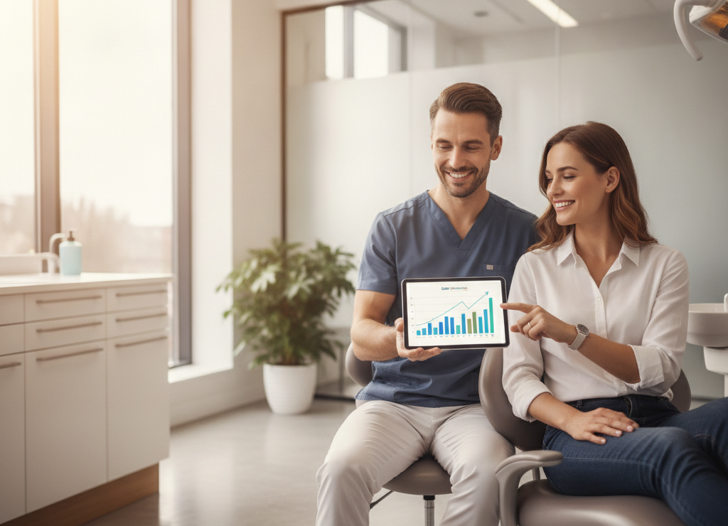 Dentist shows patient — dental implant marketing
