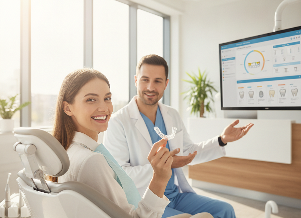 Smiling patient holds — invisalign content marketing