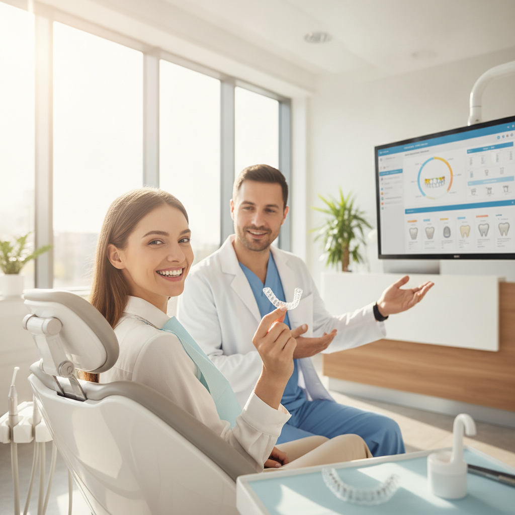 Smiling patient holds — invisalign content marketing